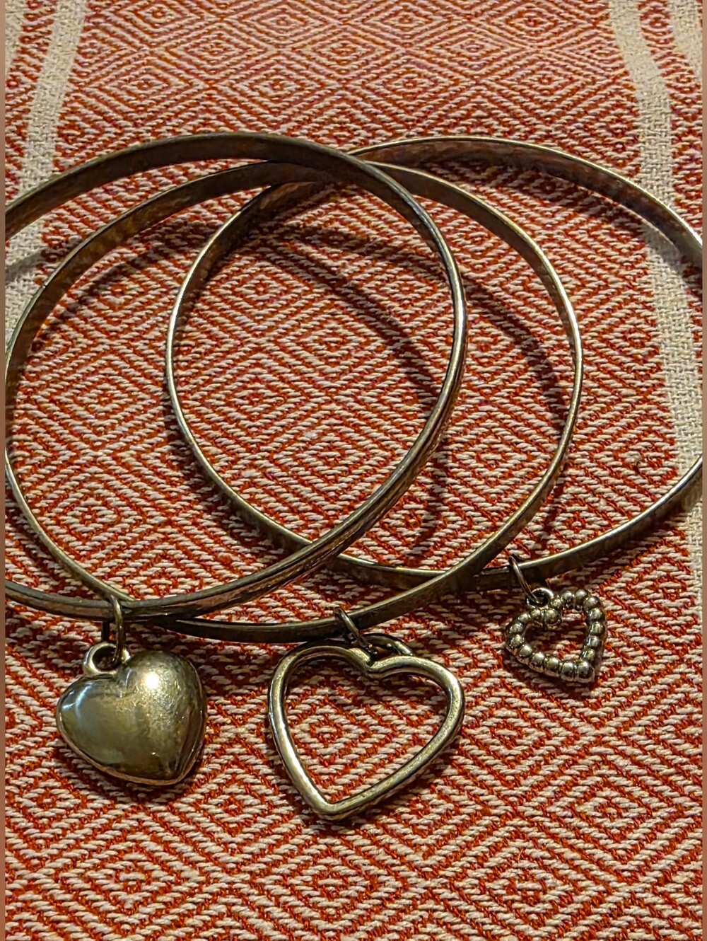 Vintage Heart Bangle Bracelets-Set of 3-Silver Tone Costume Jewely - Large